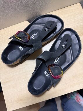 Black Birkenstock Big Buckle Thong Sandals